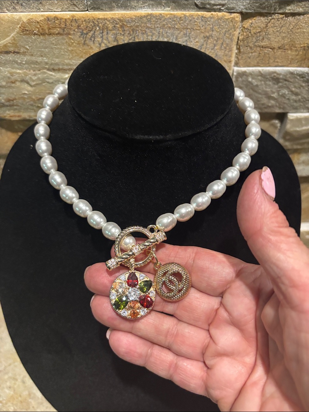 Pearl Necklace with Multicolor Crystal Charm - Designer Style
